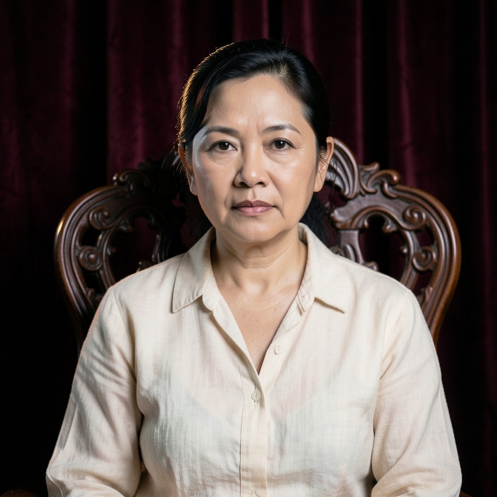 Portrait of Laila Sama-ae, principal planner, seated in a dark wood chair with velvet curtains behind her