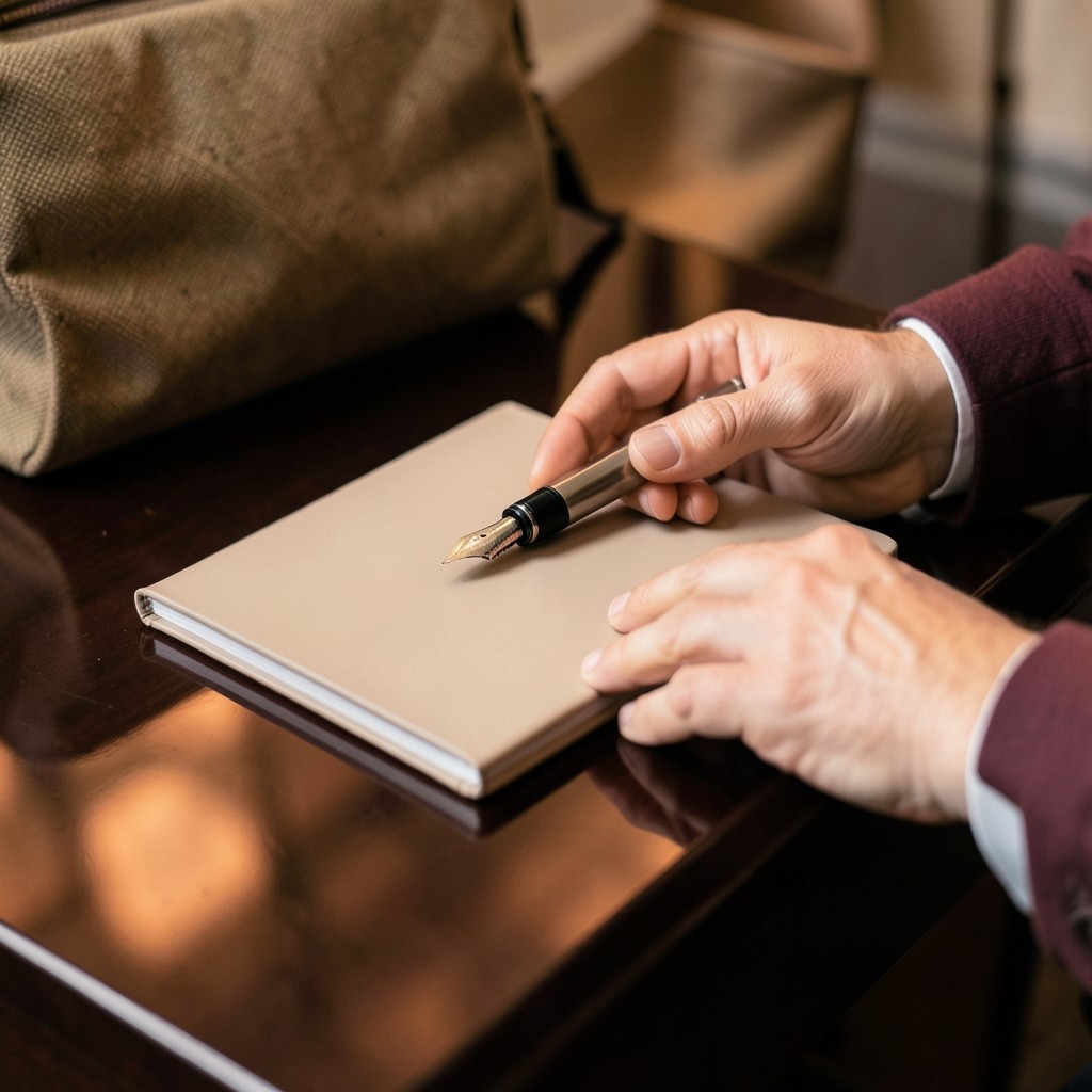 Adult hands placing a closed notebook and a pen on a dark lacquered desk
