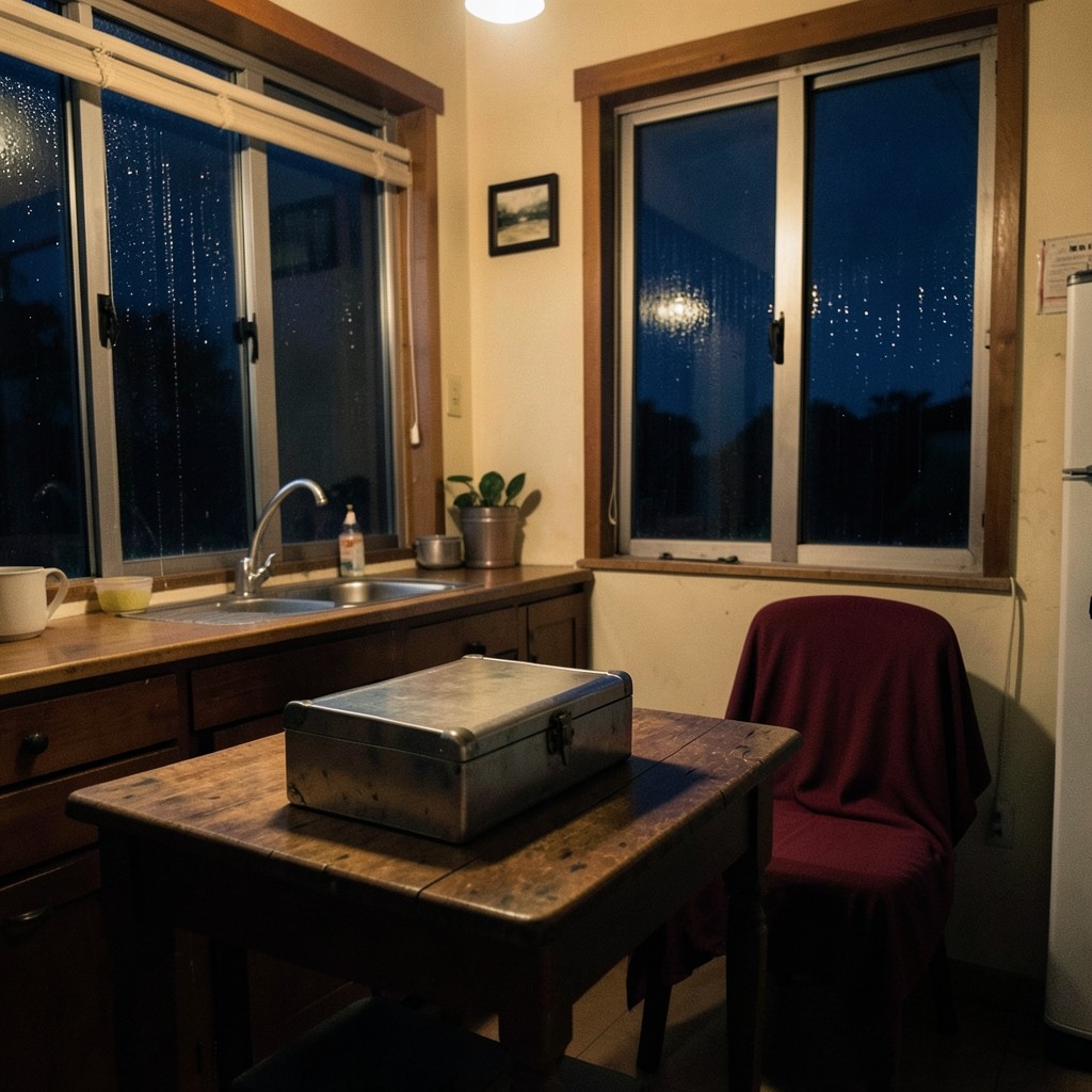 A closed cash box on a kitchen table at night, with rain on the window and warm lamplight