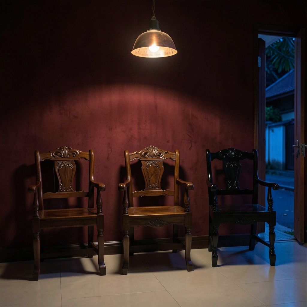 Three empty wooden chairs in a dark room, with a door open onto a night street