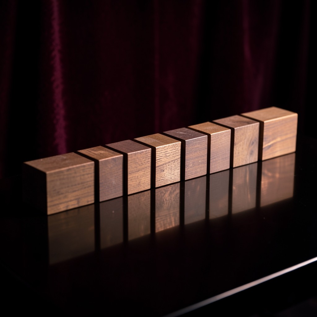 Twelve small unmarked boxes in a row on a long dark table under copper light