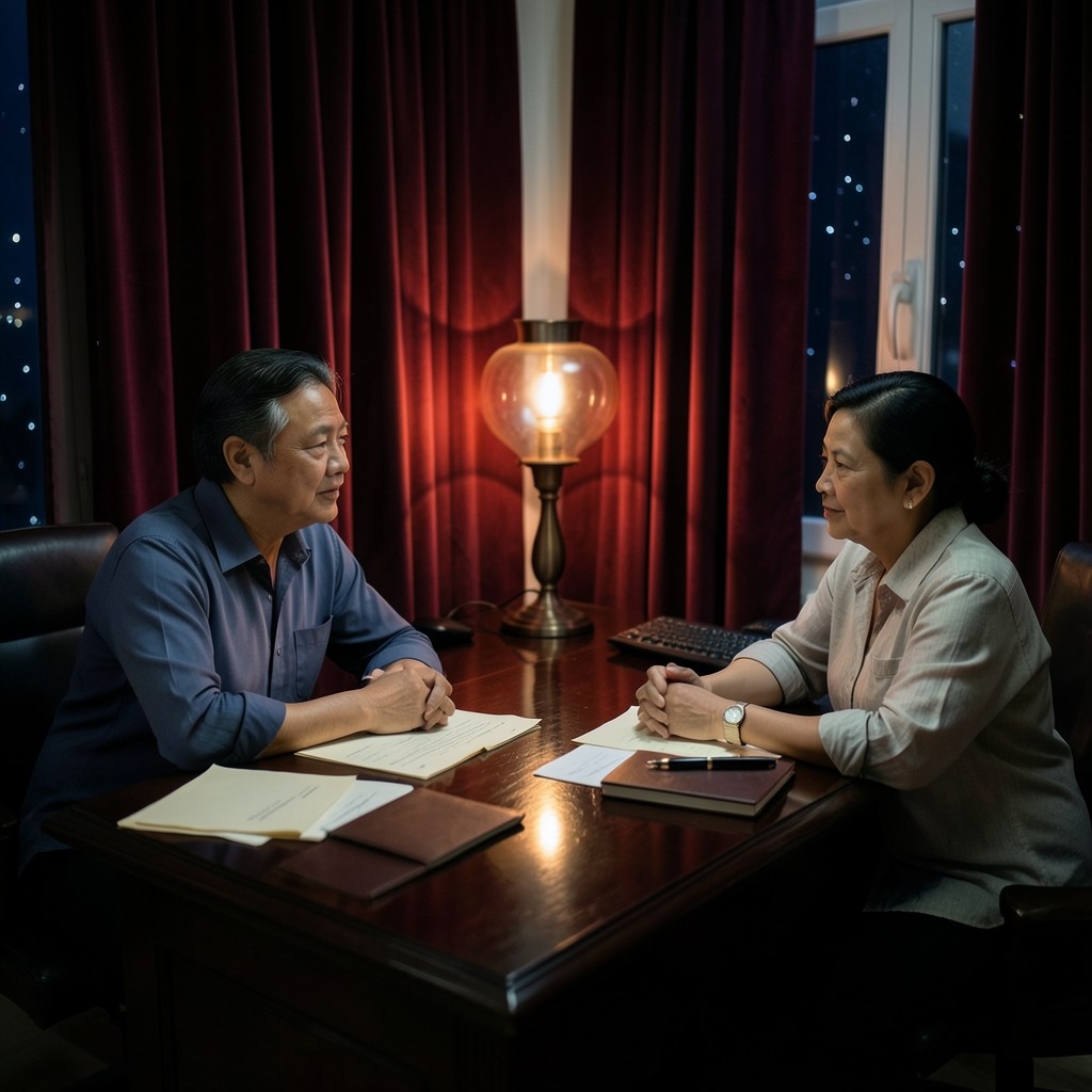 Adults seated at a dark lacquered desk in a velvet-curtained room, reviewing face-down papers by copper light
