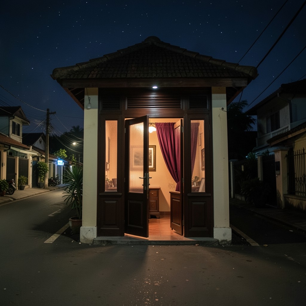 A small office doorway at night, warm light behind smoked glass