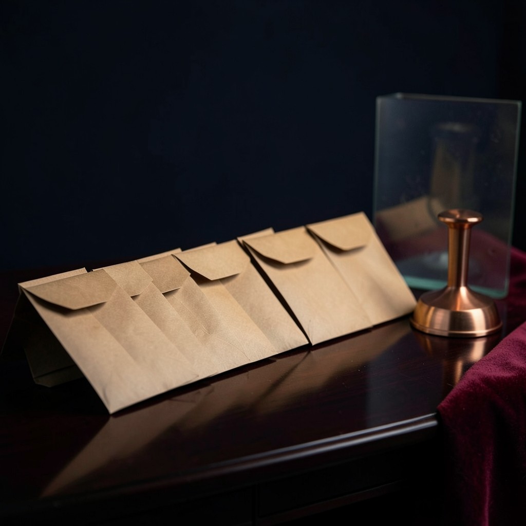 A row of plain envelopes and face-down papers on lacquered wood in warm copper light