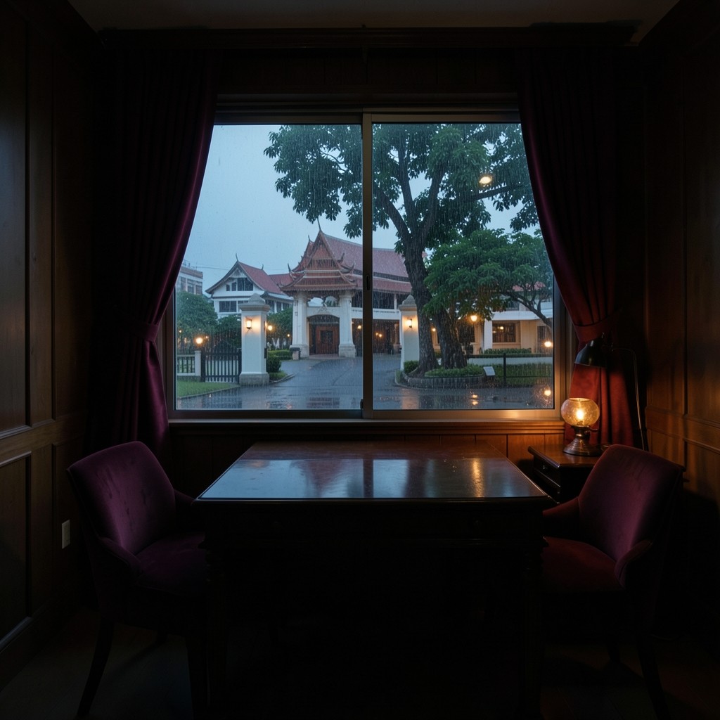 A quiet evening view toward a tree-lined campus gate, seen from a dark wood desk