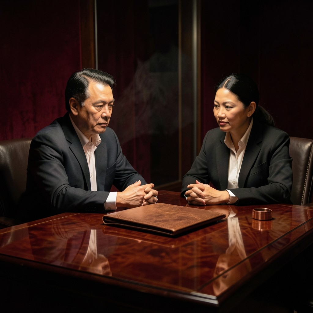 Two adults at a lacquered desk with a closed folder, in a room of burgundy velvet and copper light